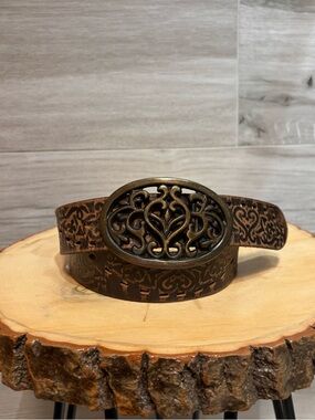 Genuine Tooled Leather Belt with Ornate Buckle – western/ boho style